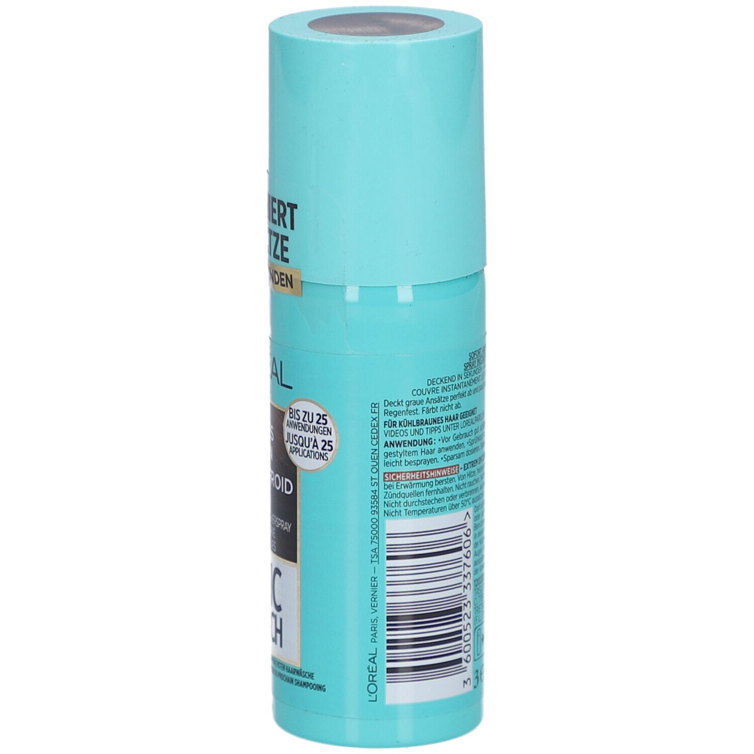 L'Oréal Paris Magic Retouch Spray, Kaltbraun. Rückseite der türkisfarbenen Sprühflasche. Text und Inhaltsstoffe.