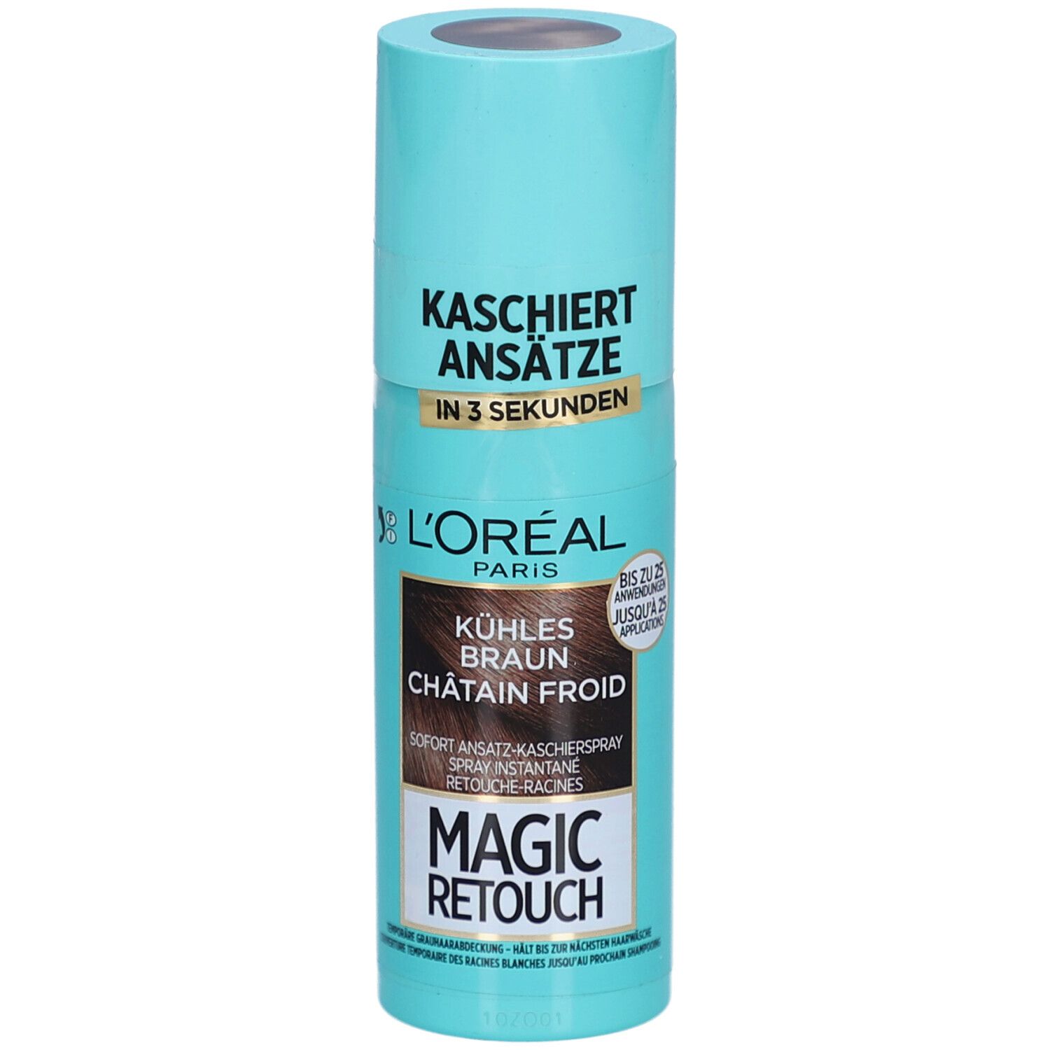 L'Oréal Paris Magic Retouch Spray, Kaltbraun. Türkis-farbene Sprühflasche. Text: Kaschiert Ansätze, Kühles Braun, Magic Retouch.