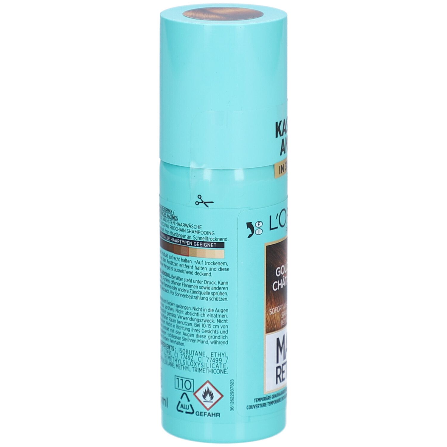 Rückseite der türkisfarbenen Sprühflasche. Text in Deutsch. L'Oréal Paris, Goldbraun, Magic Retouch. Warnhinweise.