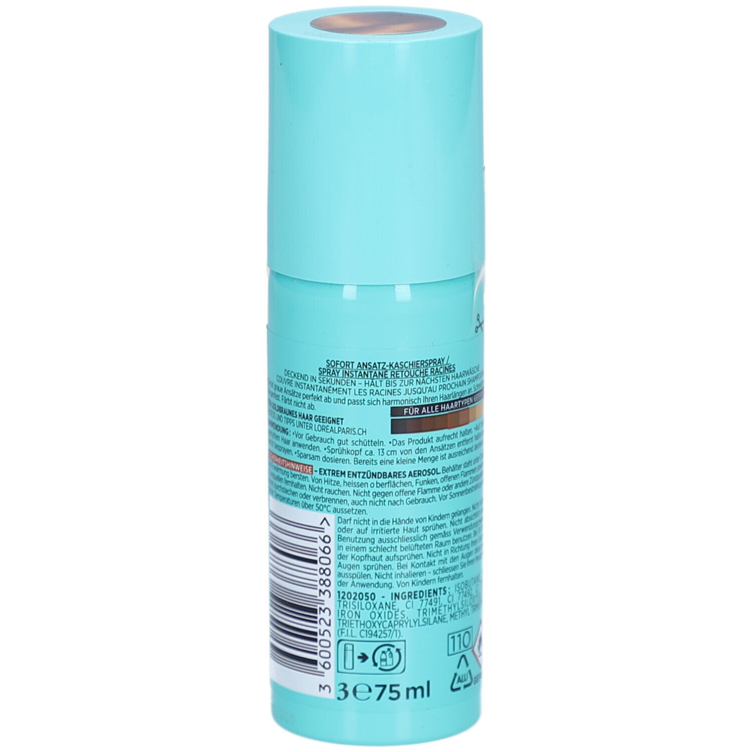 Rückseite der türkisfarbenen Sprühflasche. Text in Deutsch. L'Oréal Paris, Goldbraun, Magic Retouch. Inhaltsstoffe.