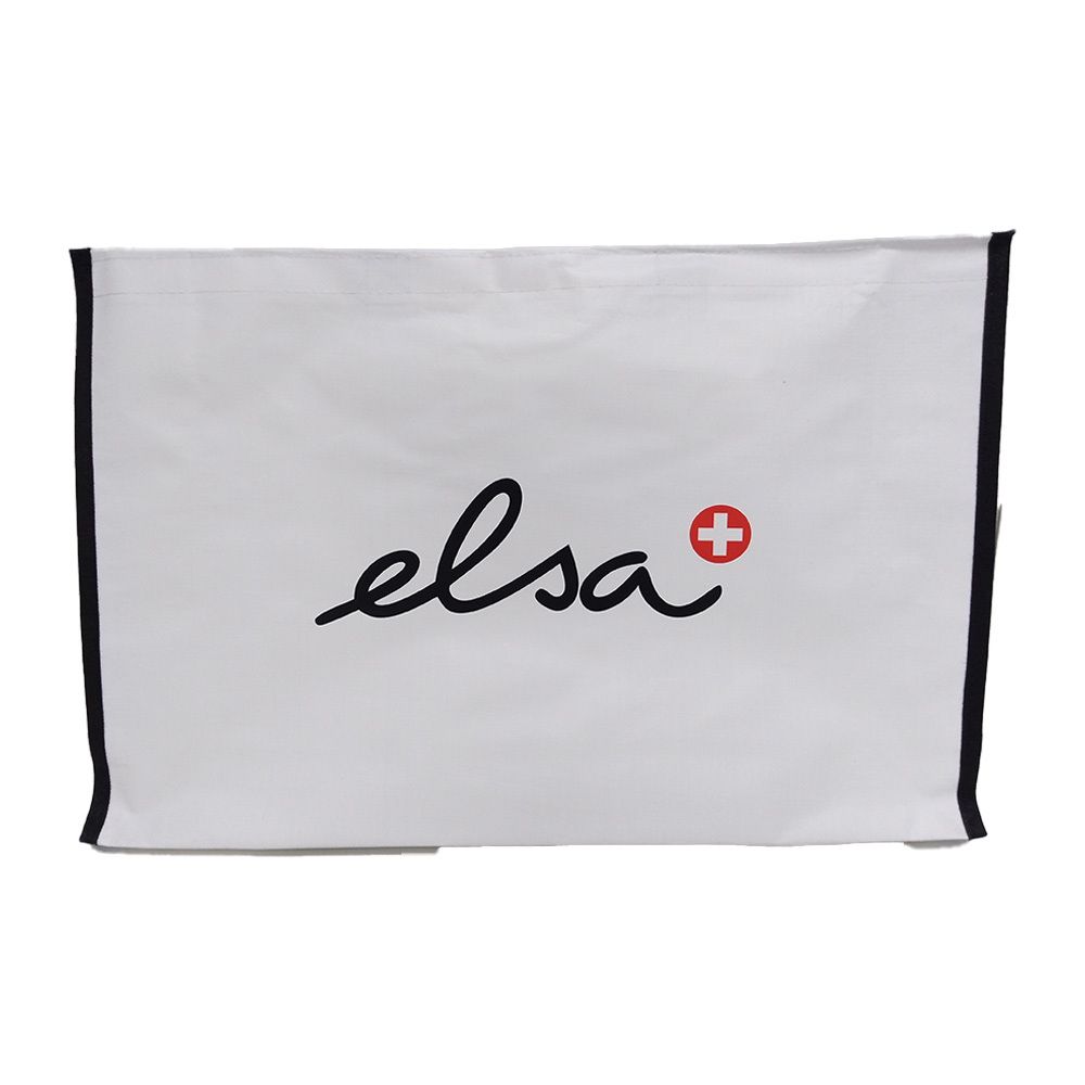 Weißes Nackenkissen mit schwarzem Rand. Aufschrift "elsa" und rotes Kreuz-Symbol.