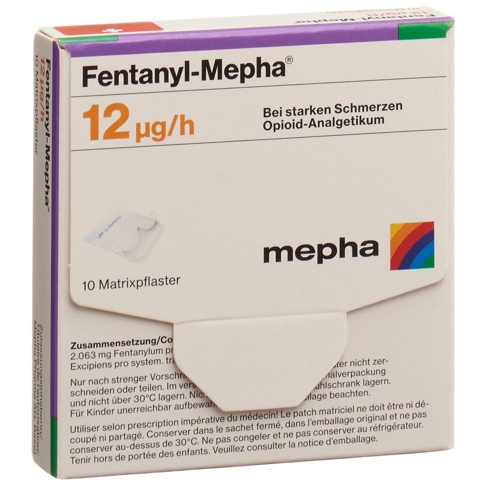 Karton Fentanyl Mepha Matrixpflaster 12 mcg/h. Aufdrucke: Name, Dosierung, Logo. Verpackung mit weißem Hintergrund.