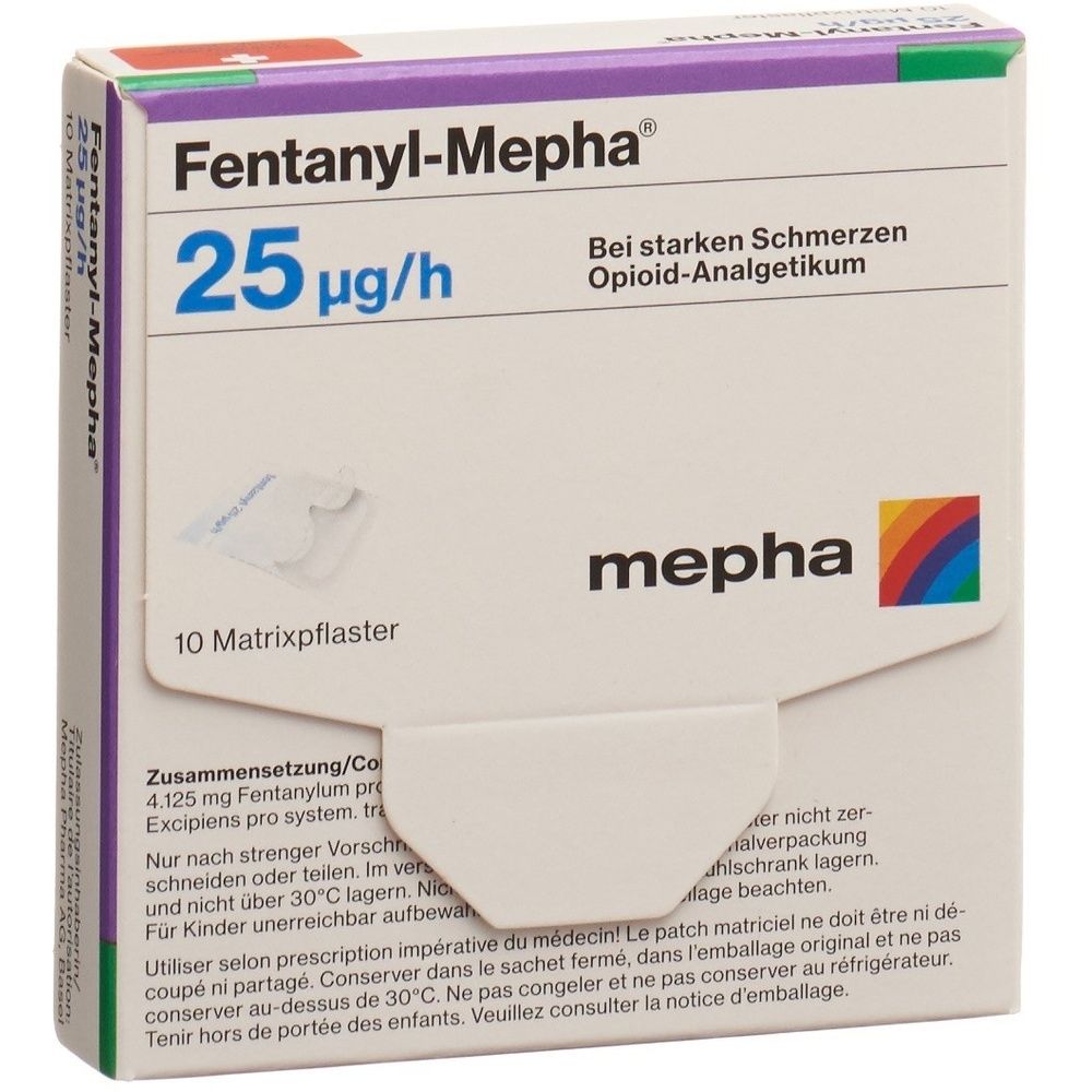 Karton mit Produktinformationen. Aufschrift: Fentanyl-Mepha, 25 mcg/h. Marke: mepha. Mehrfarbiger Streifen oben.