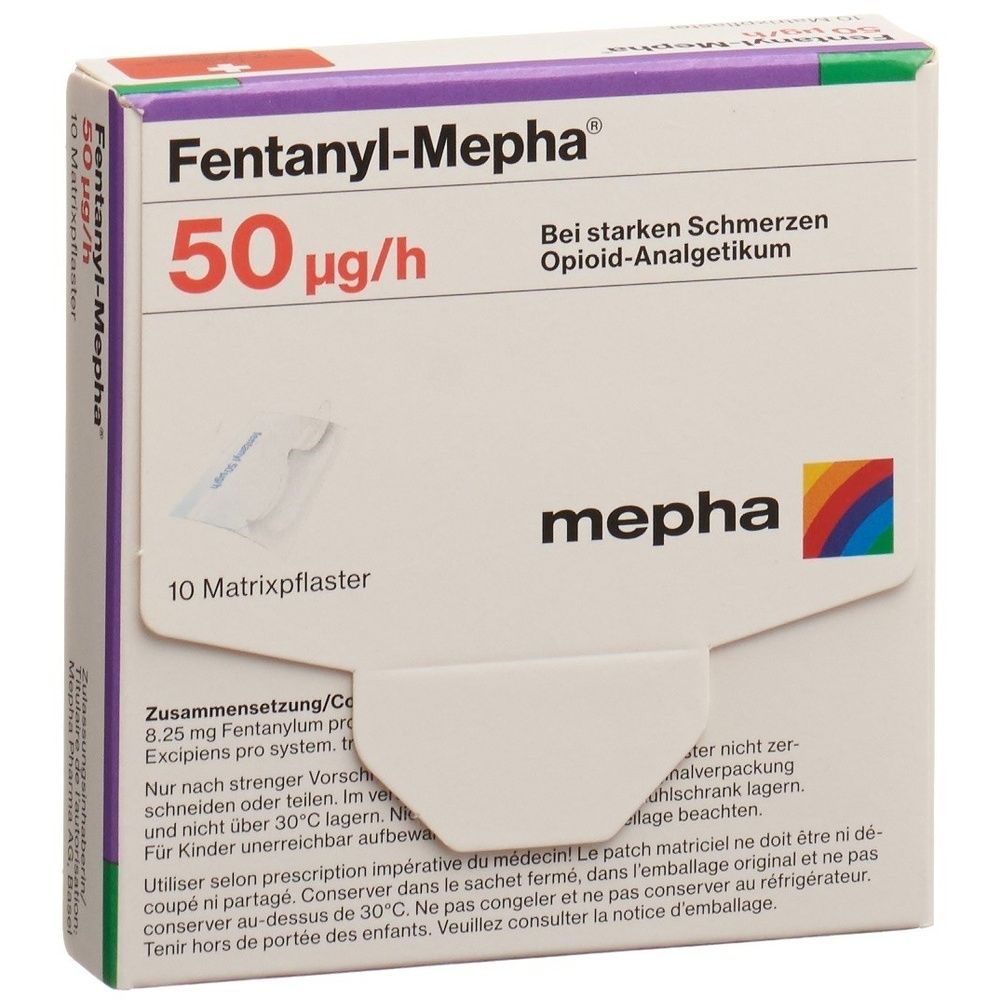Karton Fentanyl Mepha Matrixpfl 50 mcg/h. Verpackung mit Produktinformationen und Logo.