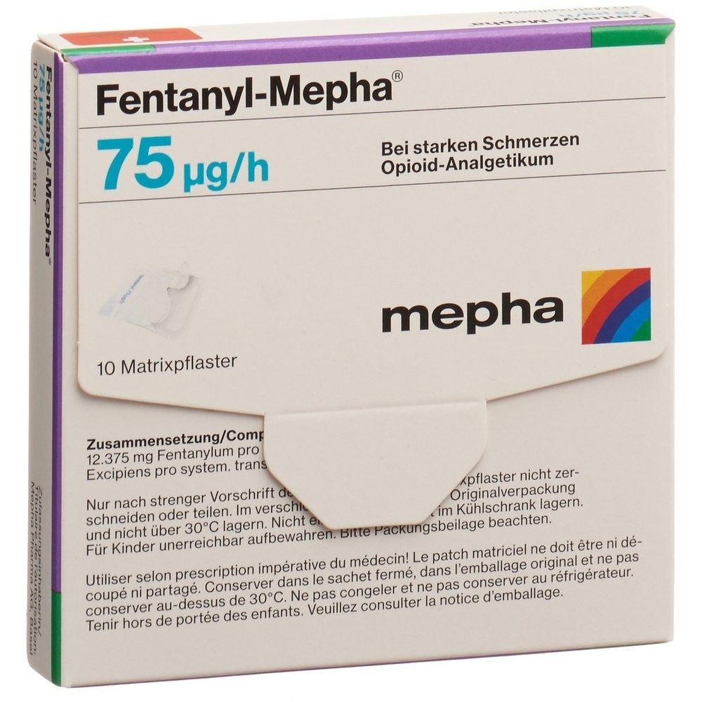 Kartonverpackung mit Produktinformationen. Beschriftung: Fentanyl Mepha Matrixpfl 75 mcg/h. Marke: Mepha.