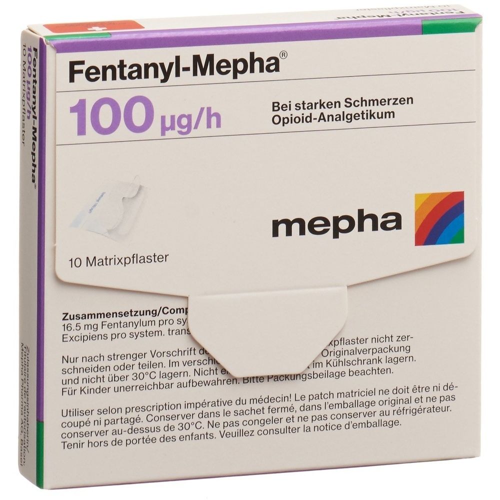 Karton mit Produktinformationen. Aufschrift: Fentanyl Mepha, 100 mcg/h. Marke: mepha.