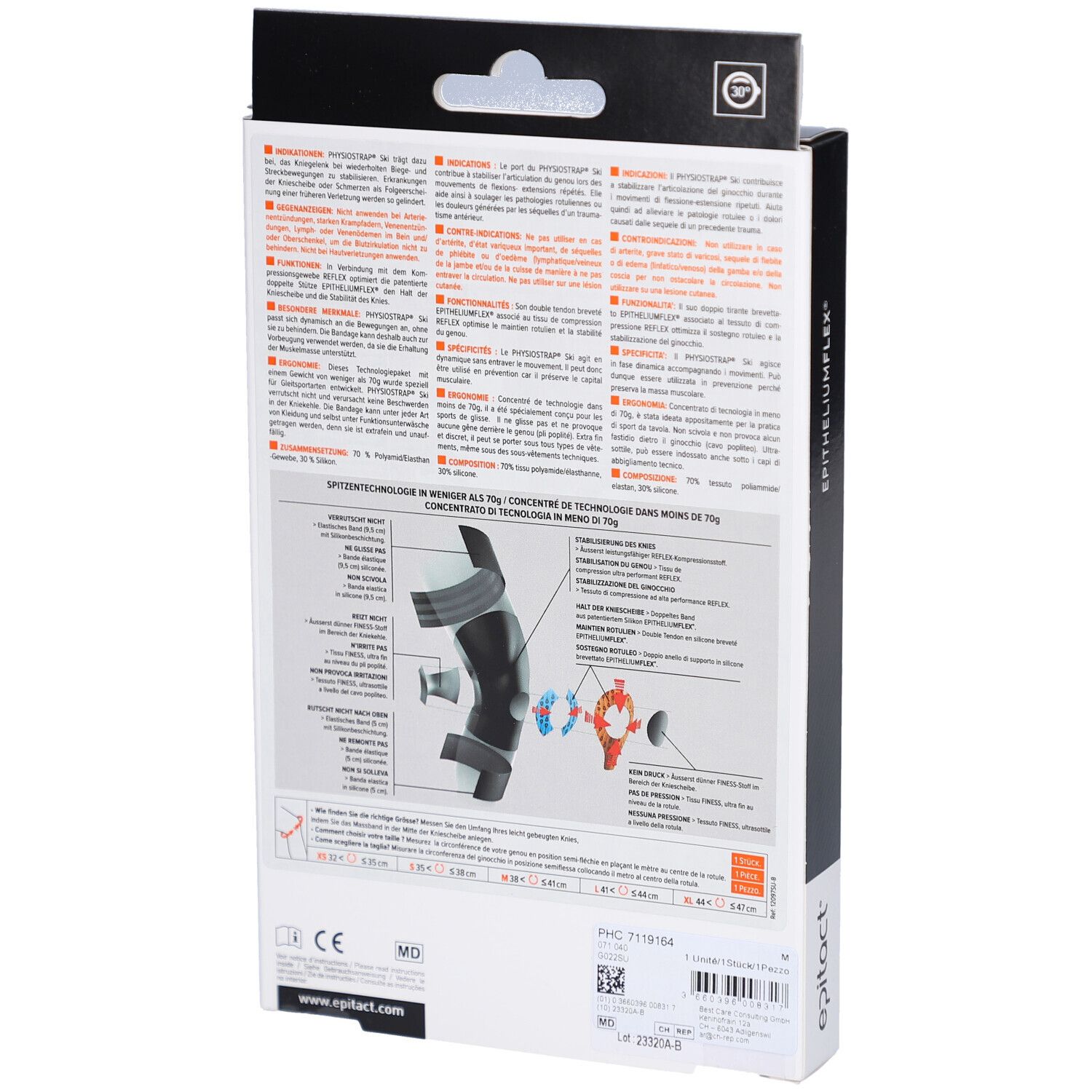Rückseite der Verpackung. Text in mehreren Sprachen. Abbildungen: Kniebandage, Illustrationen. Logo: CE.