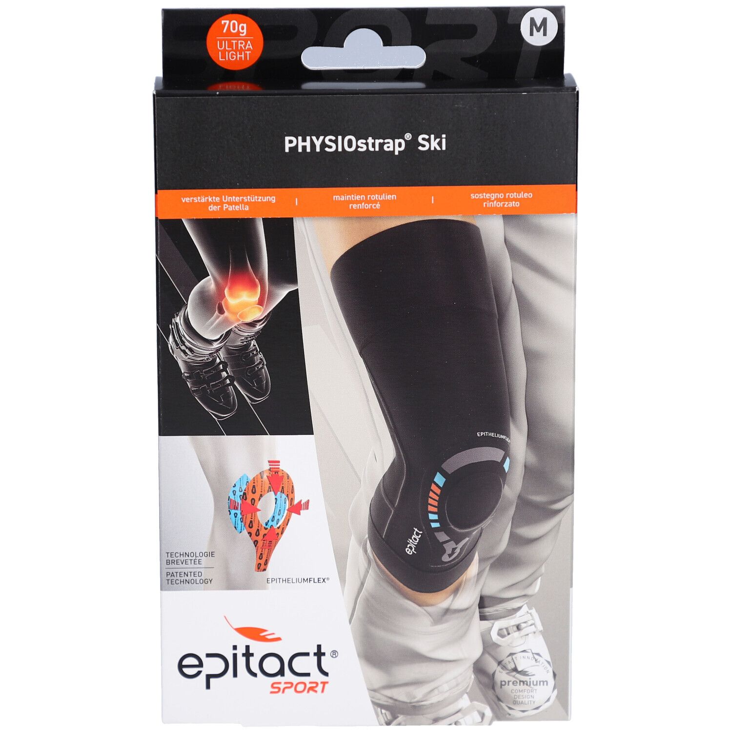 Verpackung mit Kniebandage. Aufdruck: PHYSIOstrap Ski, Epitact Sport. Abbildung: Kniebandage am Bein.