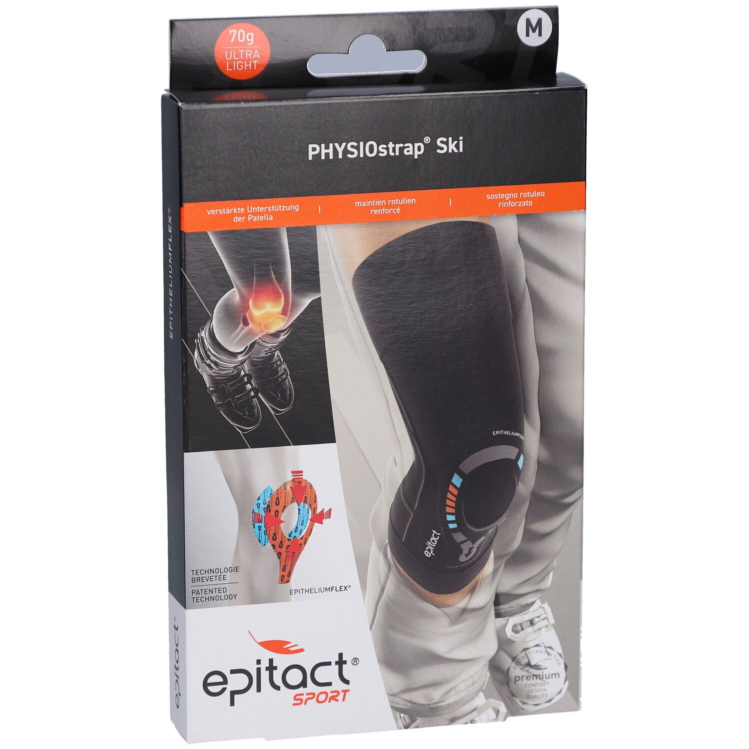 Verpackung mit Kniebandage. Aufdruck: PHYSIOstrap Ski, Epitact Sport. Abbildung: Kniebandage am Bein.