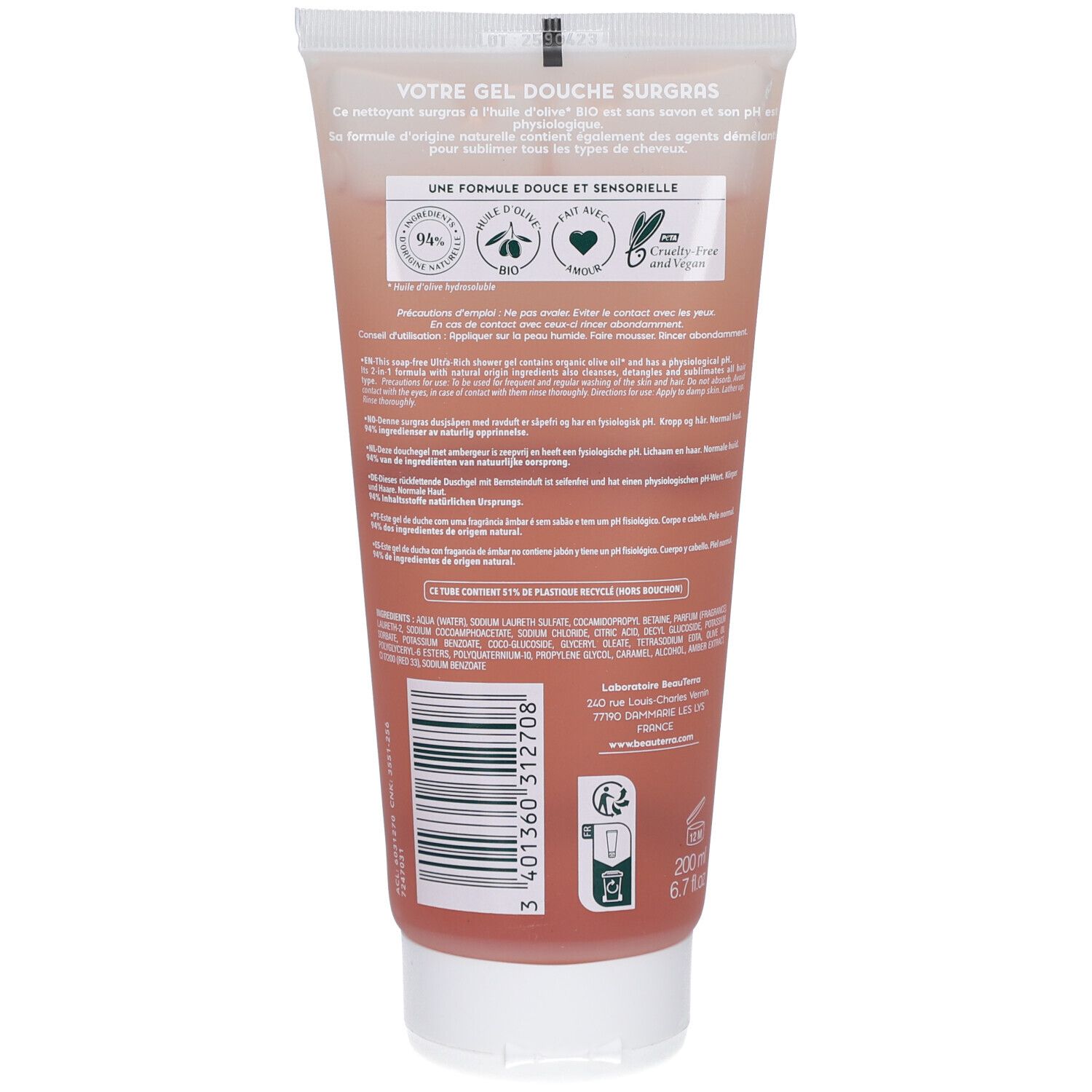 Dos d'un tube de gel douche. Inscriptions, liste d'ingrédients, logos et informations de recyclage. Contenance.