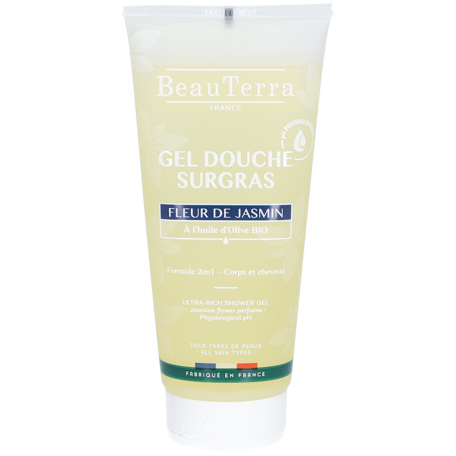 Gel douche transparent en tube. Inscription: Gel Douche Surgras, Fleur de Jasmin. À l'huile d'olive. Marque BeauTerra.
