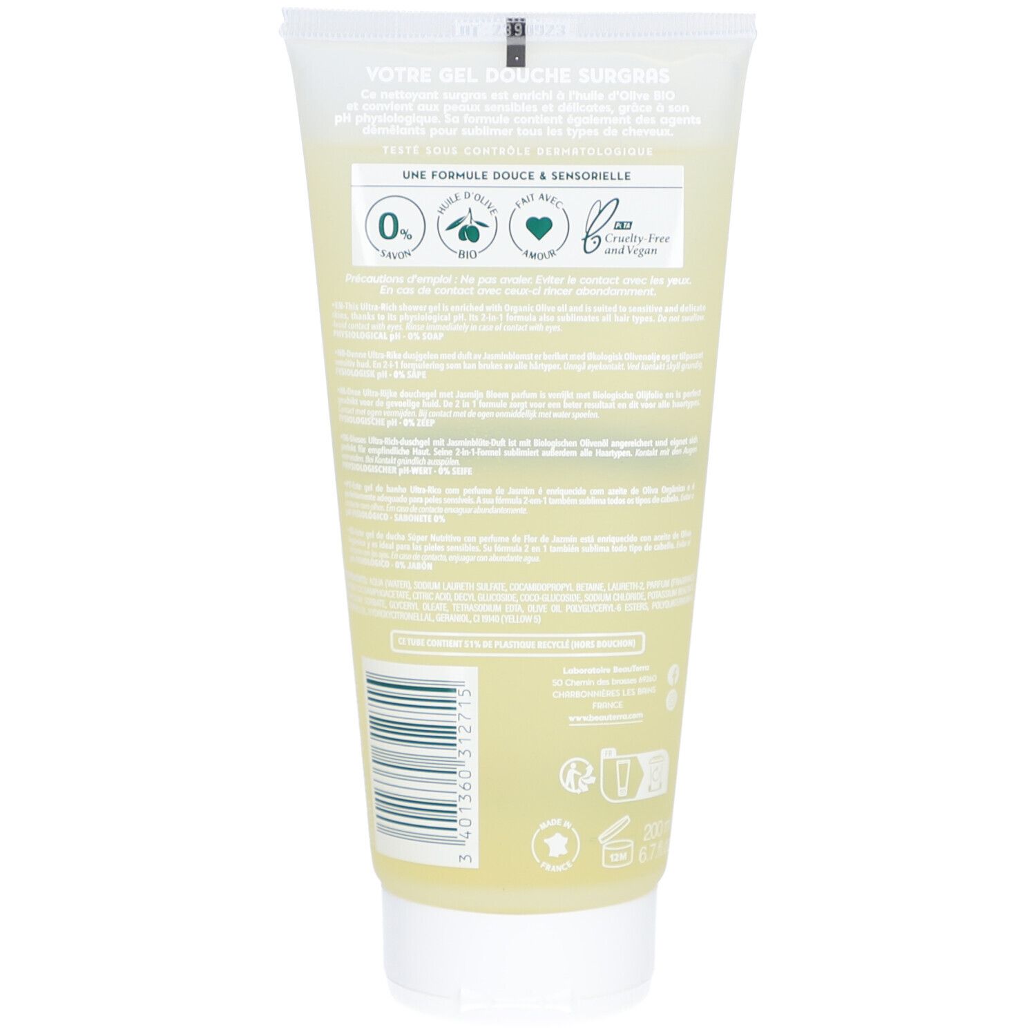 Dos du tube de gel douche. Texte: 0% savon, Bio, Vegan. Avec informations sur les ingrédients et l'utilisation.