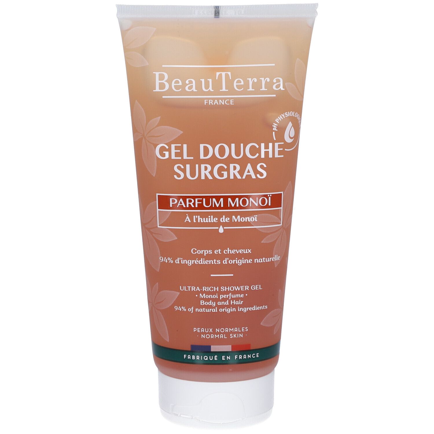 Beige Tube mit "BeauTerra" und "Gel Douche Surgras". Text: "Parfum Monoï".