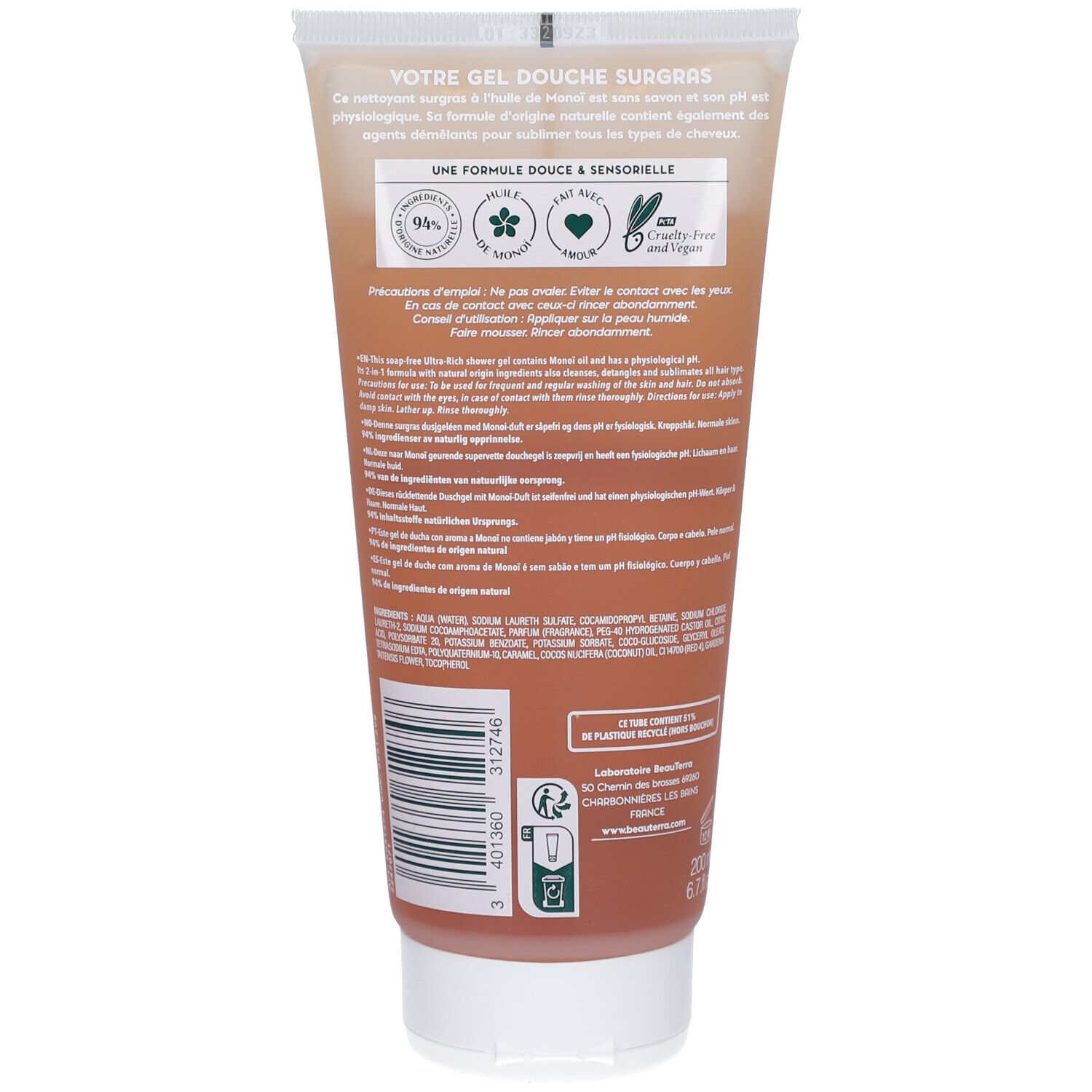 Rückseite der Tube. Text: "Votre gel douche surgras". Inhaltsstoffe und Logos.