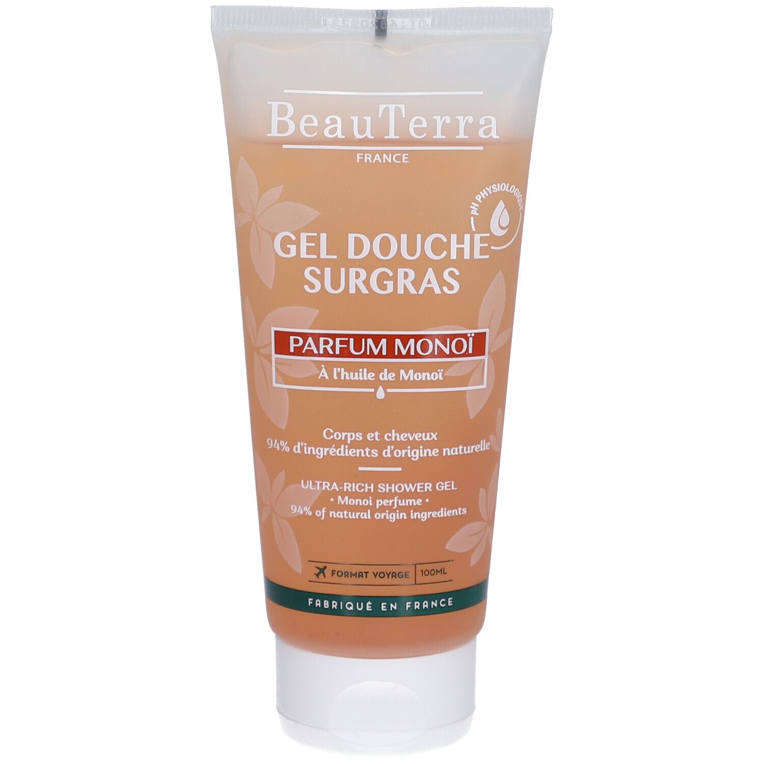 Beige Tube mit "BeauTerra" und "Gel Douche Surgras". Text: "Parfum Monoï".