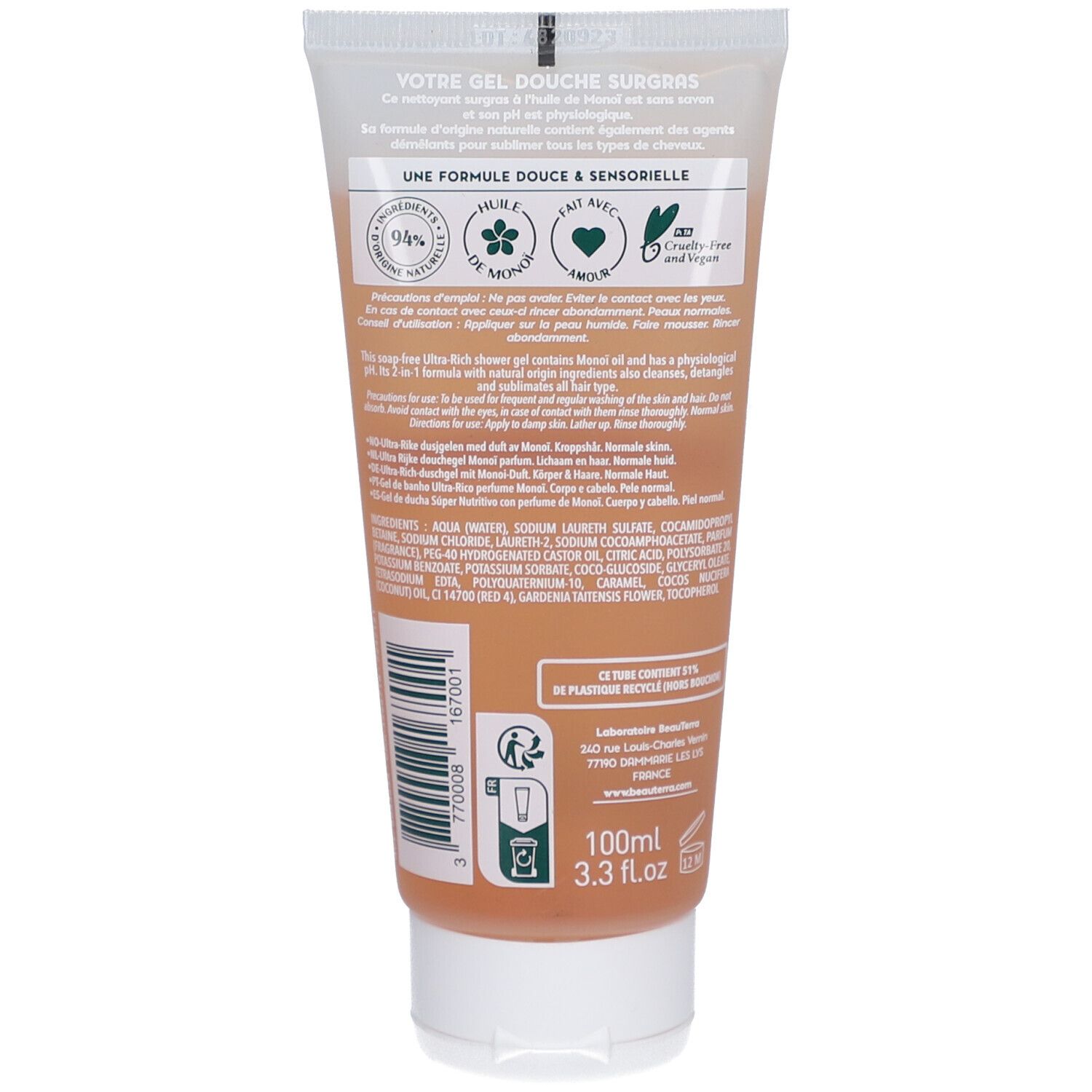 Rückseite der Tube. Text: "Votre gel douche surgras". Inhaltsstoffe und Logos.