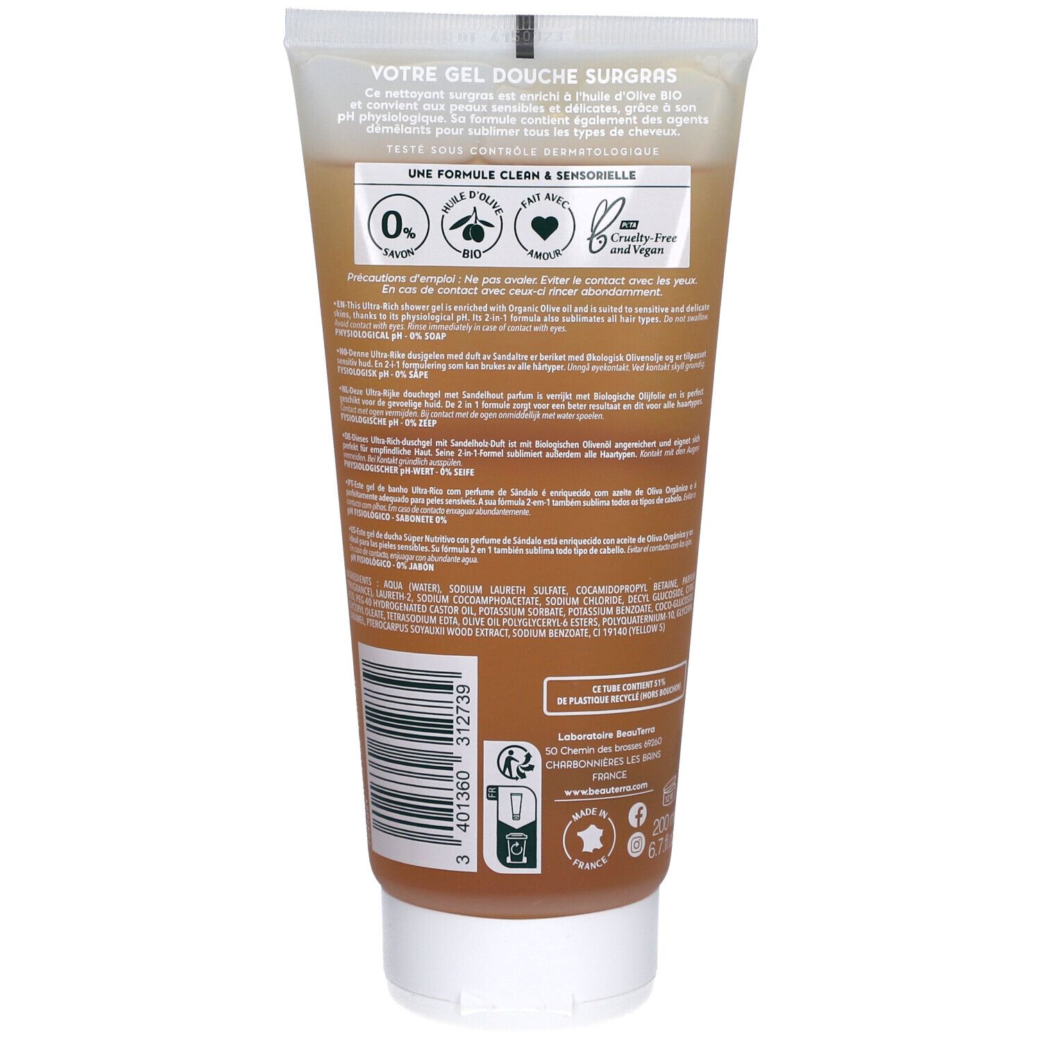 BeauTerra Gel Douche Surgras - Bois de Santal