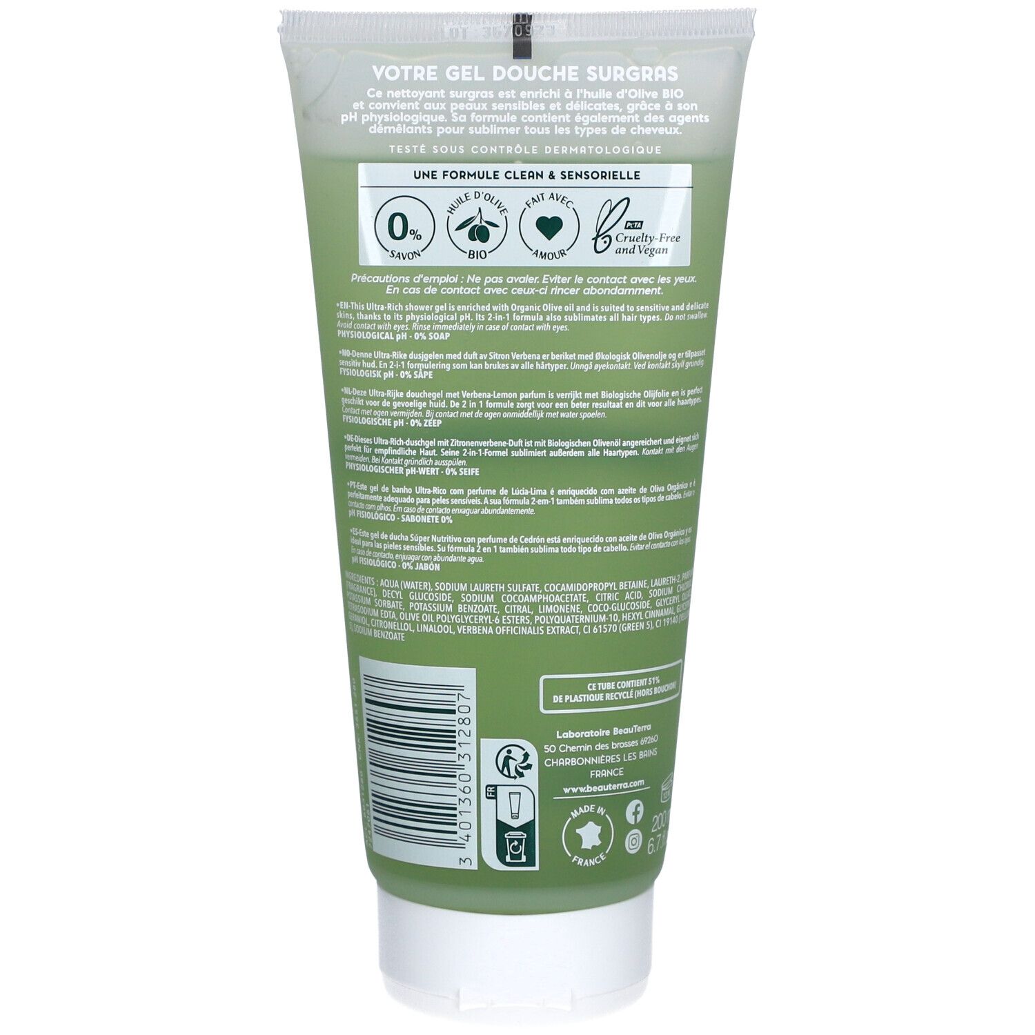 Rückseite der grünen Tube. Text: "Votre gel douche surgras". Enthält Olivenöl. Für alle Hauttypen. Mit Zertifizierungen.