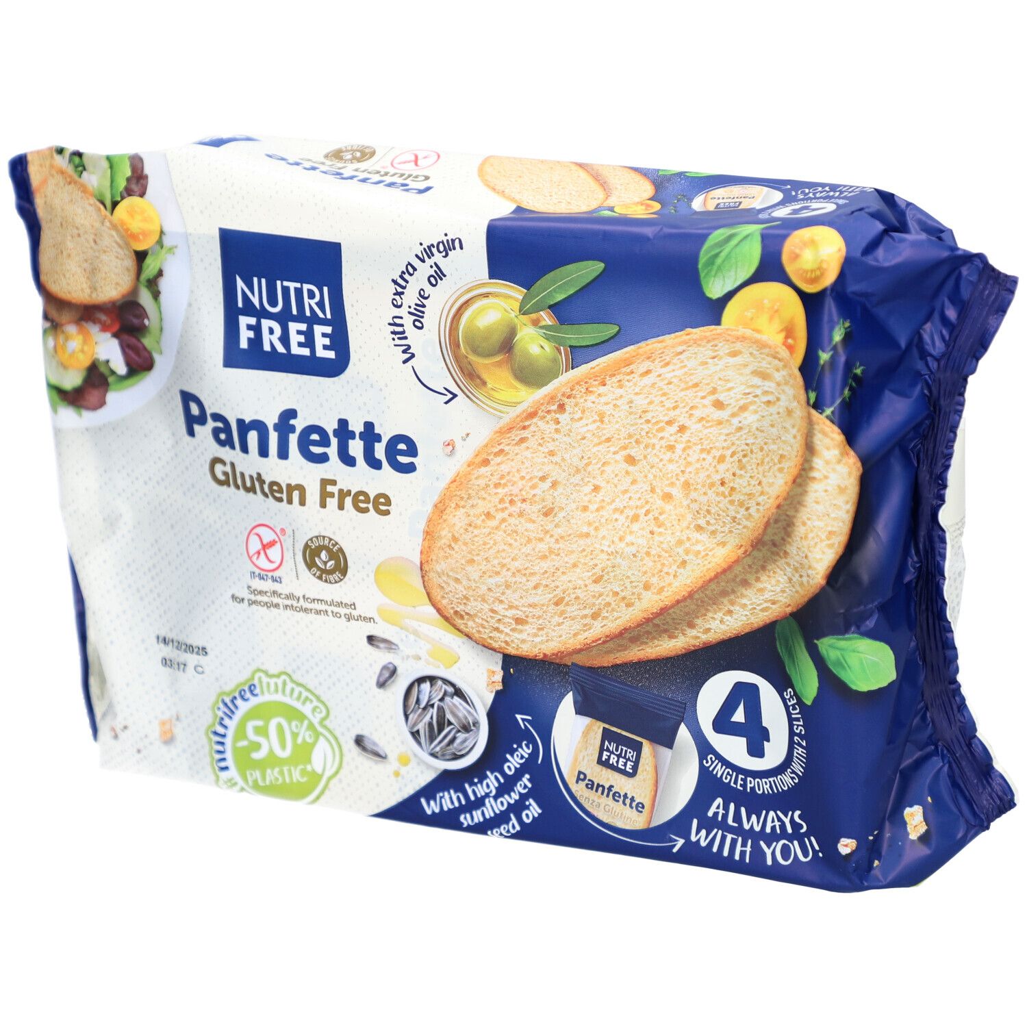 Verpackung mit Nutrifree Panfette glutenfrei. Zeigt zwei Brotstücke. Blaue und weiße Verpackung mit Produktnamen und Logo.