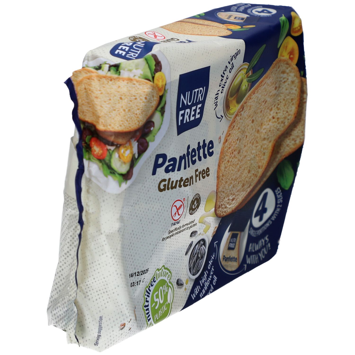 Schrägansicht der Nutrifree Panfette glutenfrei Verpackung. Zeigt zwei Brotstücke. Verpackung mit Produktnamen und Logo.