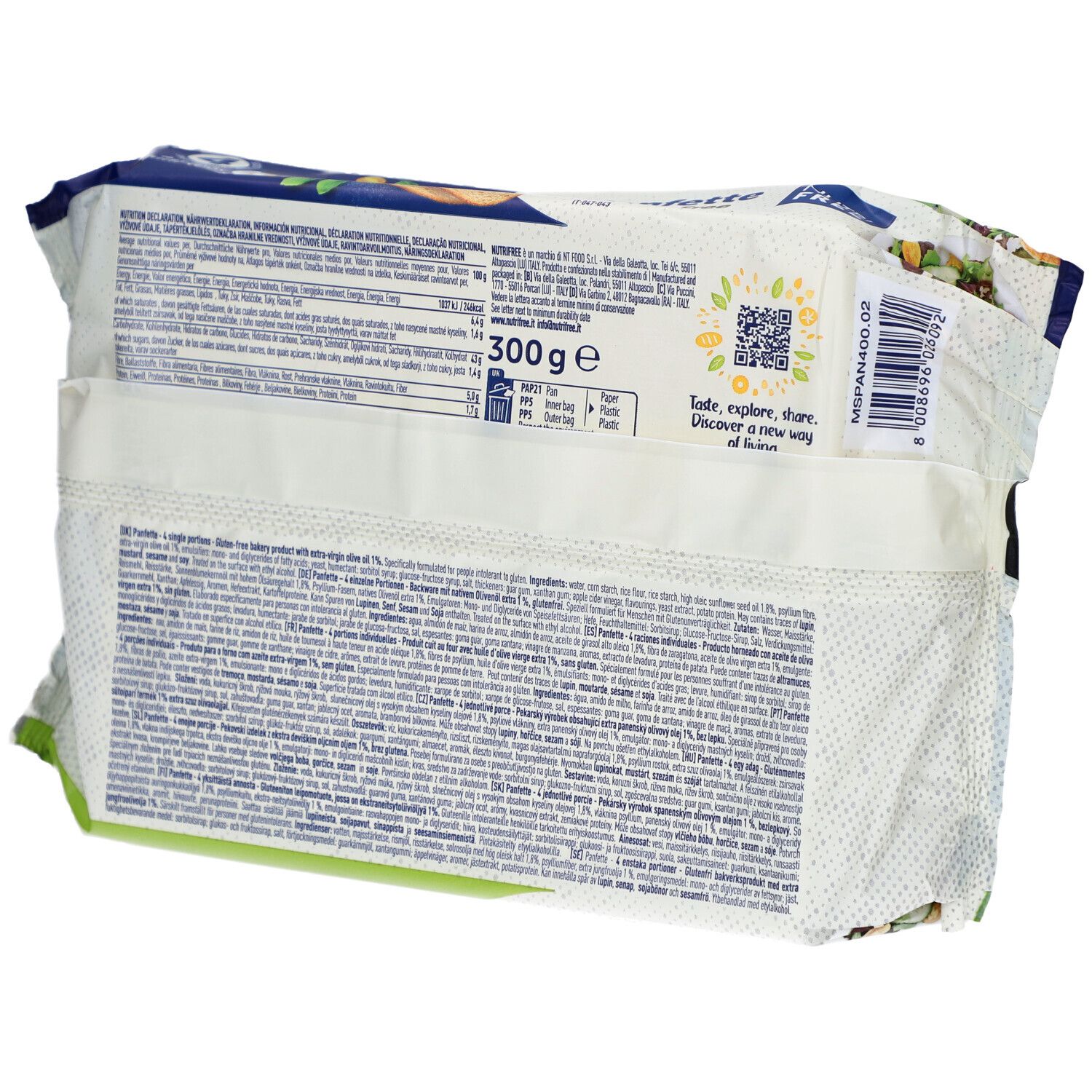 Rückseite der Nutrifree Panfette glutenfrei Verpackung. Textliche Informationen und Nährwertangaben. 300g Gewicht.