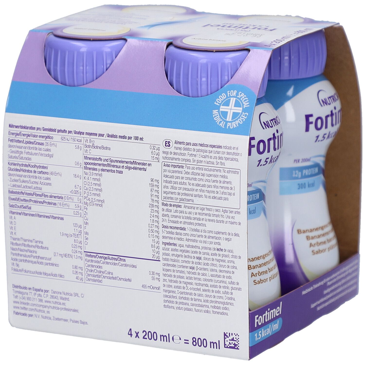 Emballage de quatre bouteilles Fortimel 1,5 kcal/ml. Dos avec informations nutritionnelles. 4 x 200 ml.