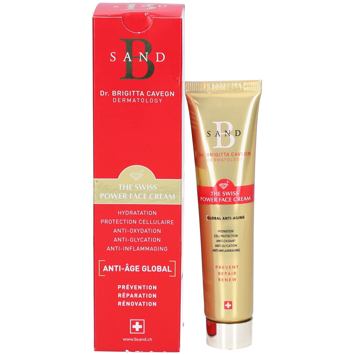 Produktverpackung: Tube und Schachtel. Aufschrift: B SAND, THE SWISS POWER FACE CREAM. Schweizer Kreuz.