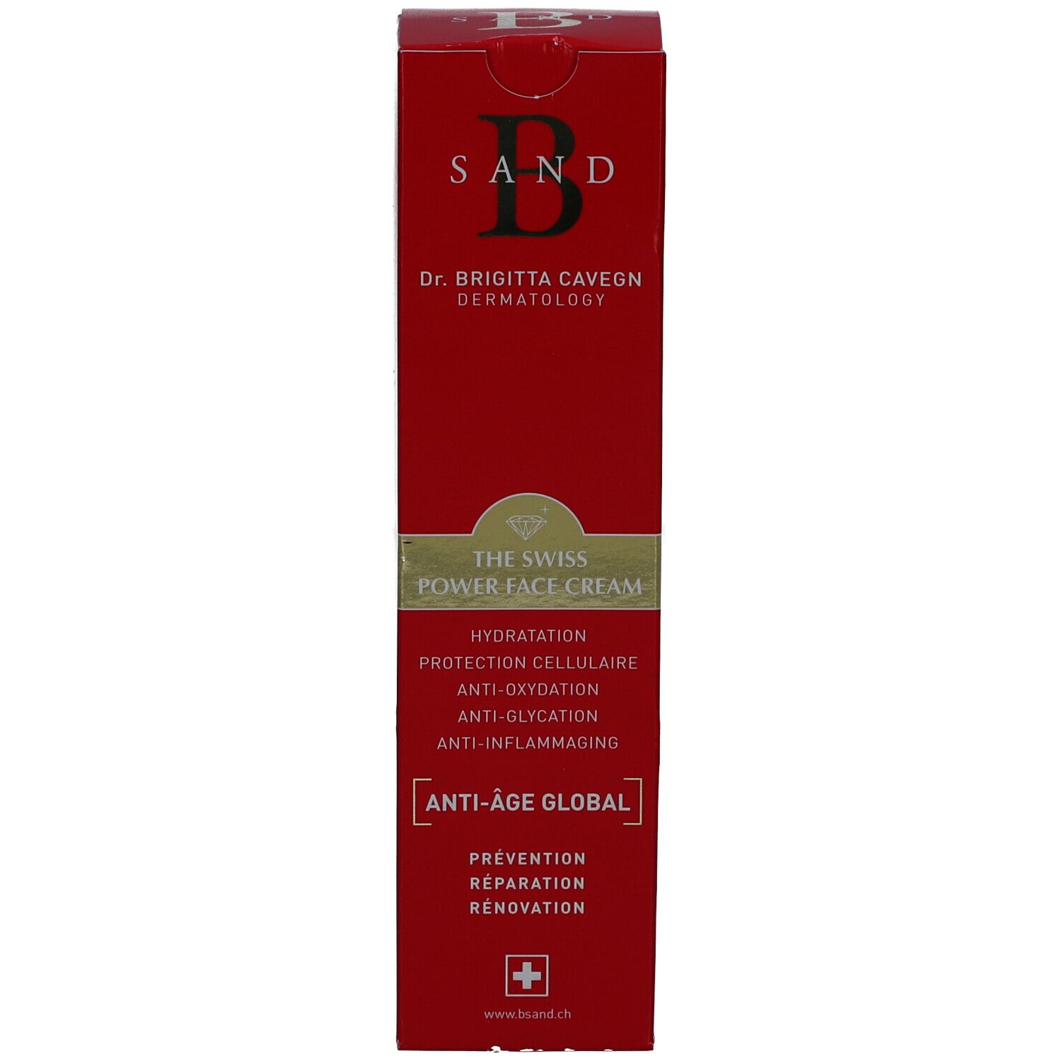 Rote Schachtel. Aufschrift: B SAND, THE SWISS POWER FACE CREAM. Anti-Age Global. Schweizer Kreuz.