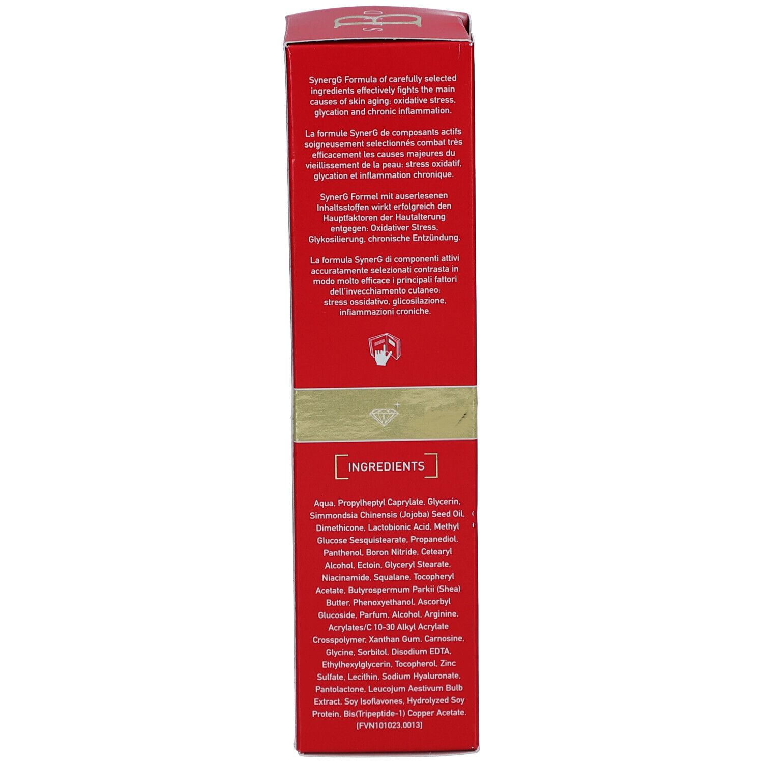 Rote Schachtel, Rückseite. Text: Inhaltsstoffe, Wirkungsweise. Schweizer Kreuz. Herstellerinformationen.