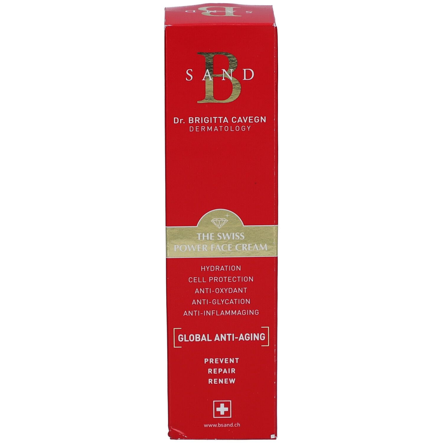 Rote Schachtel. Aufschrift: B SAND, THE SWISS POWER FACE CREAM. Anti-Age Global. Schweizer Kreuz.