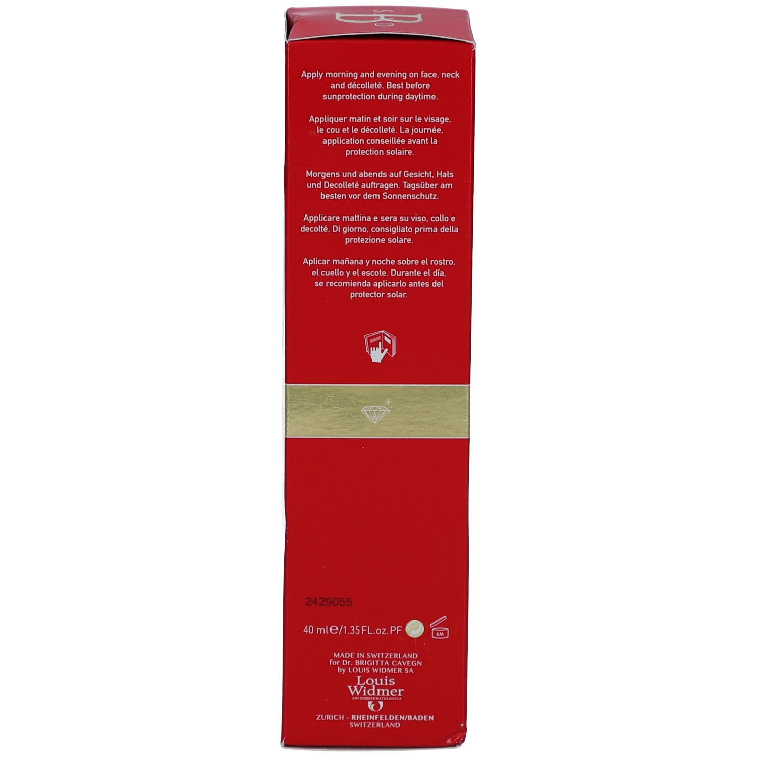 Rote Schachtel, Rückseite. Anwendungshinweise in mehreren Sprachen. Schweizer Kreuz. Herstellerinformationen.