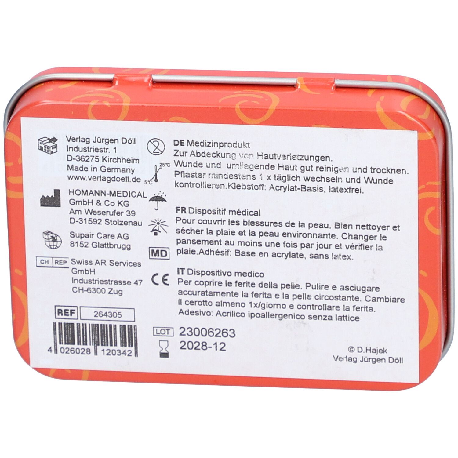 Dos de la boîte métallique rouge avec texte. Dispositif médical. Informations sur les ingrédients et l'utilisation.