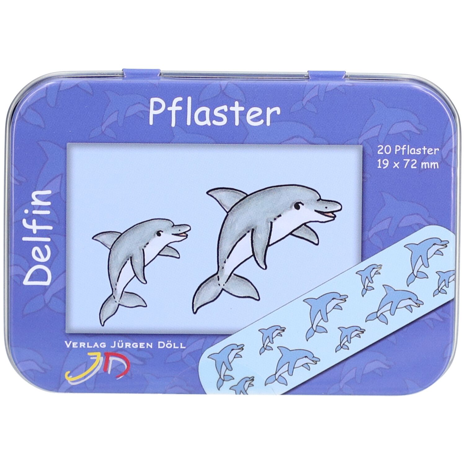 Boîte métallique bleue avec pansements dauphins. Inscription : Delfin, Pflaster, 20 pansements 19 x 72 mm. Illustrations de dauphins.