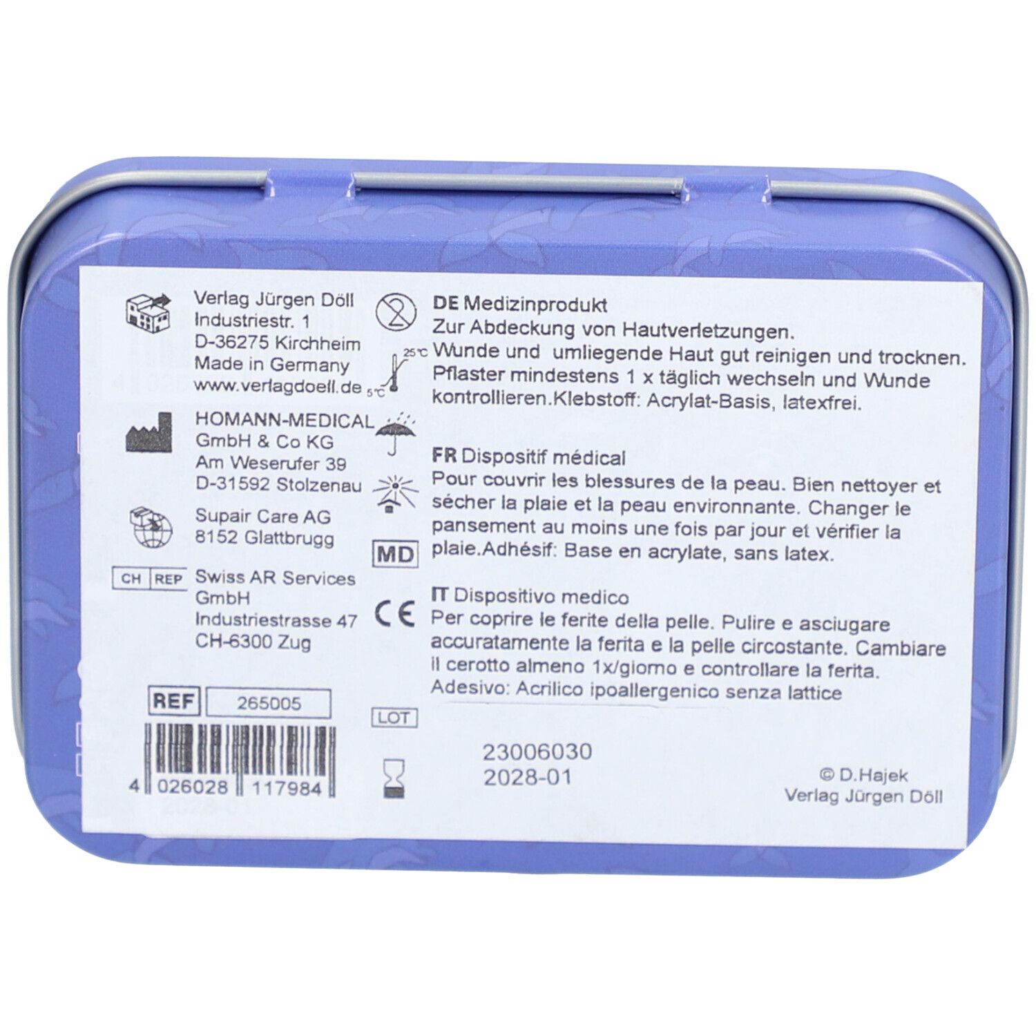 Dos de la boîte métallique bleue. Texte : Dispositif médical, mode d'emploi en allemand, français et italien. Numéros de référence.