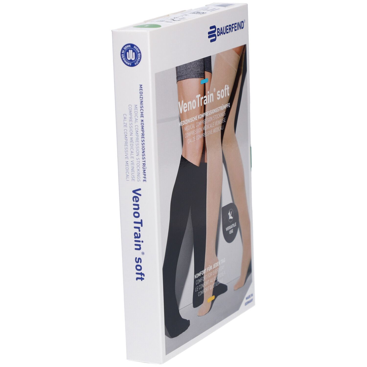 Verpackung mit Kompressionsstrümpfen. Aufdruck: VenoTrain soft, medizinische Kompressionsstrümpfe. Logo Bauerfeind.