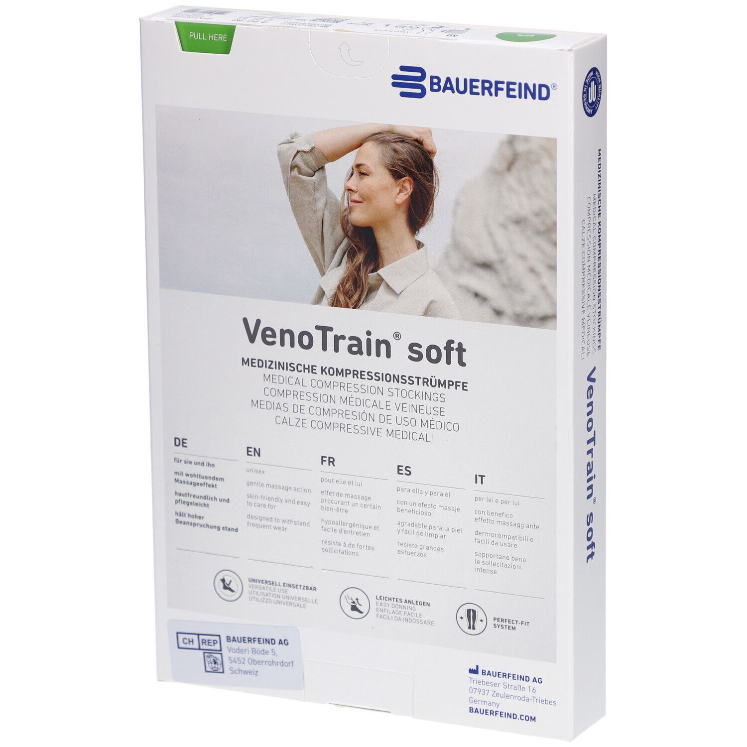 Verpackung mit Kompressionsstrümpfen. Rückseite mit Produktinformationen in verschiedenen Sprachen. Logo Bauerfeind.