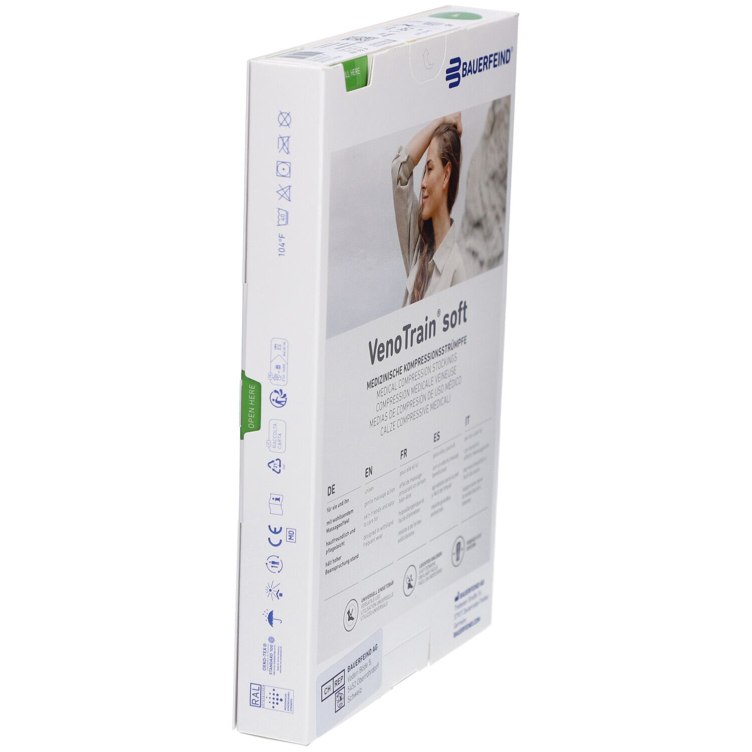 Verpackung mit Kompressionsstrümpfen. Rückseite mit Produktinformationen und Logos. Logo Bauerfeind.