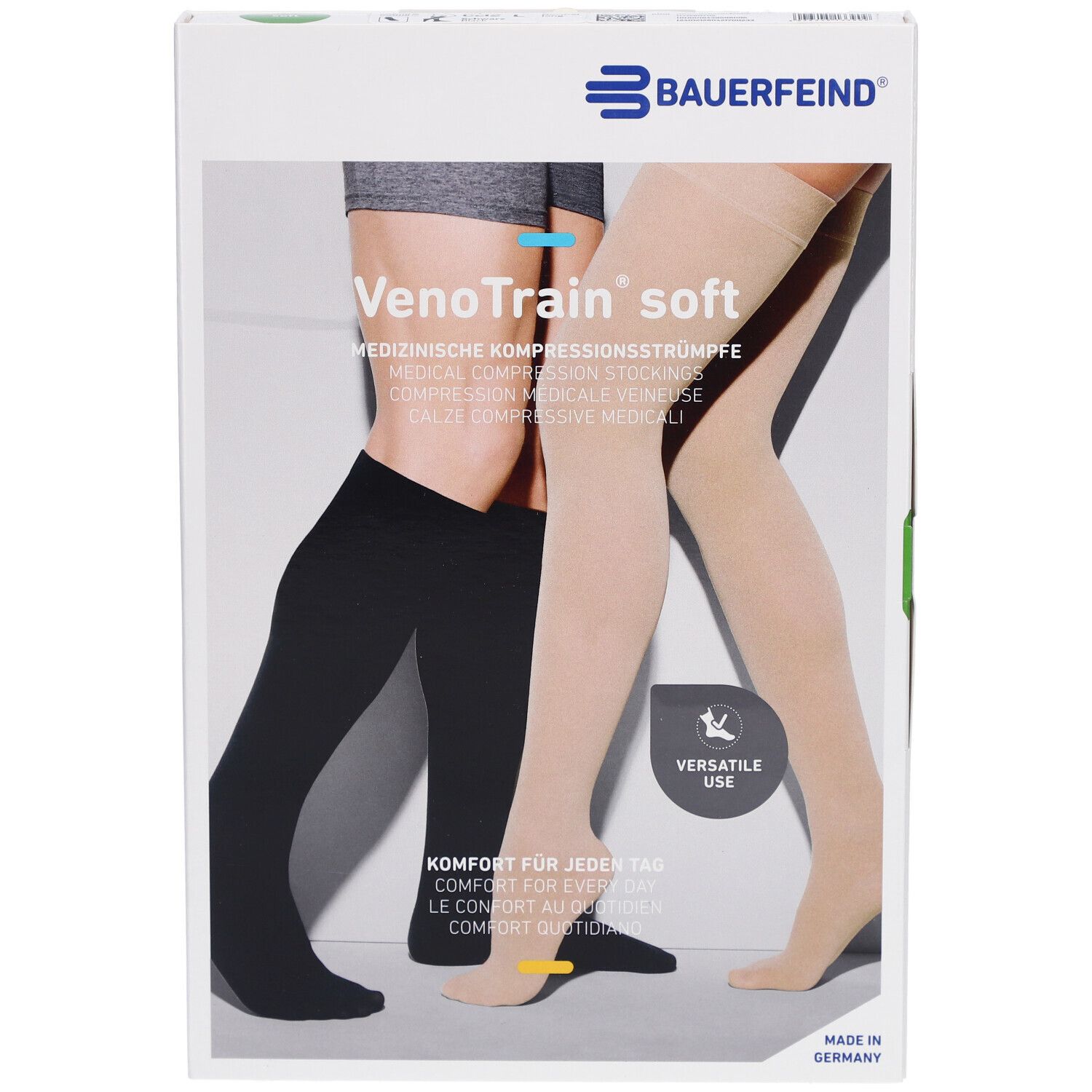 Verpackung mit Kompressionsstrümpfen. Aufdruck: VenoTrain soft, medizinische Kompressionsstrümpfe. Abbildung von Beinen mit Strümpfen.