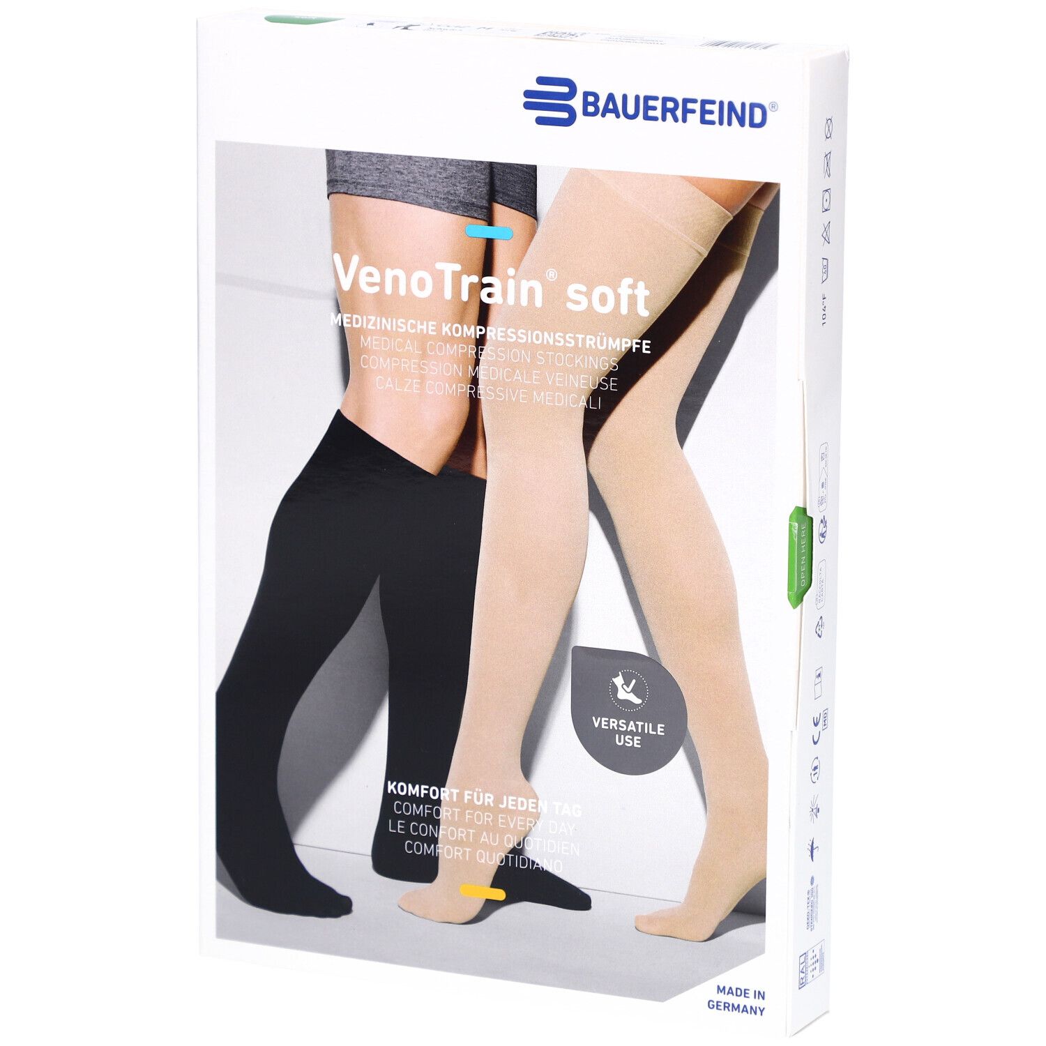 Verpackung mit Kompressionsstrümpfen. Marke: BAUERFEIND. VenoTrain soft. Zwei Farben: Schwarz und Beige. Offener Fuß.