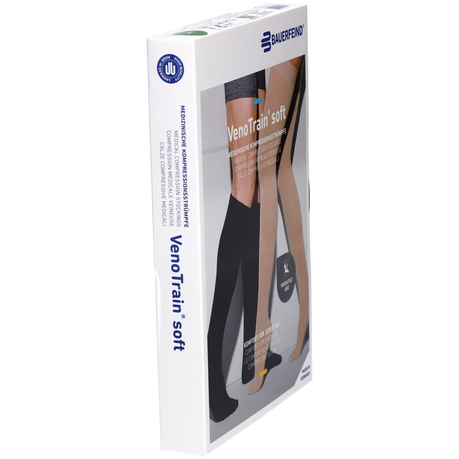 Verpackung mit Kompressionsstrümpfen. Marke: BAUERFEIND. VenoTrain soft. Zwei Farben: Schwarz und Beige. Offener Fuß.