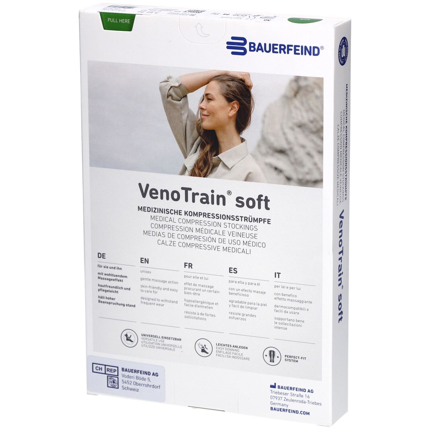 Rückseite der Verpackung. Marke: BAUERFEIND. VenoTrain soft. Medizinische Kompressionsstrümpfe. Text in Deutsch, Englisch, Französisch und Italienisch.