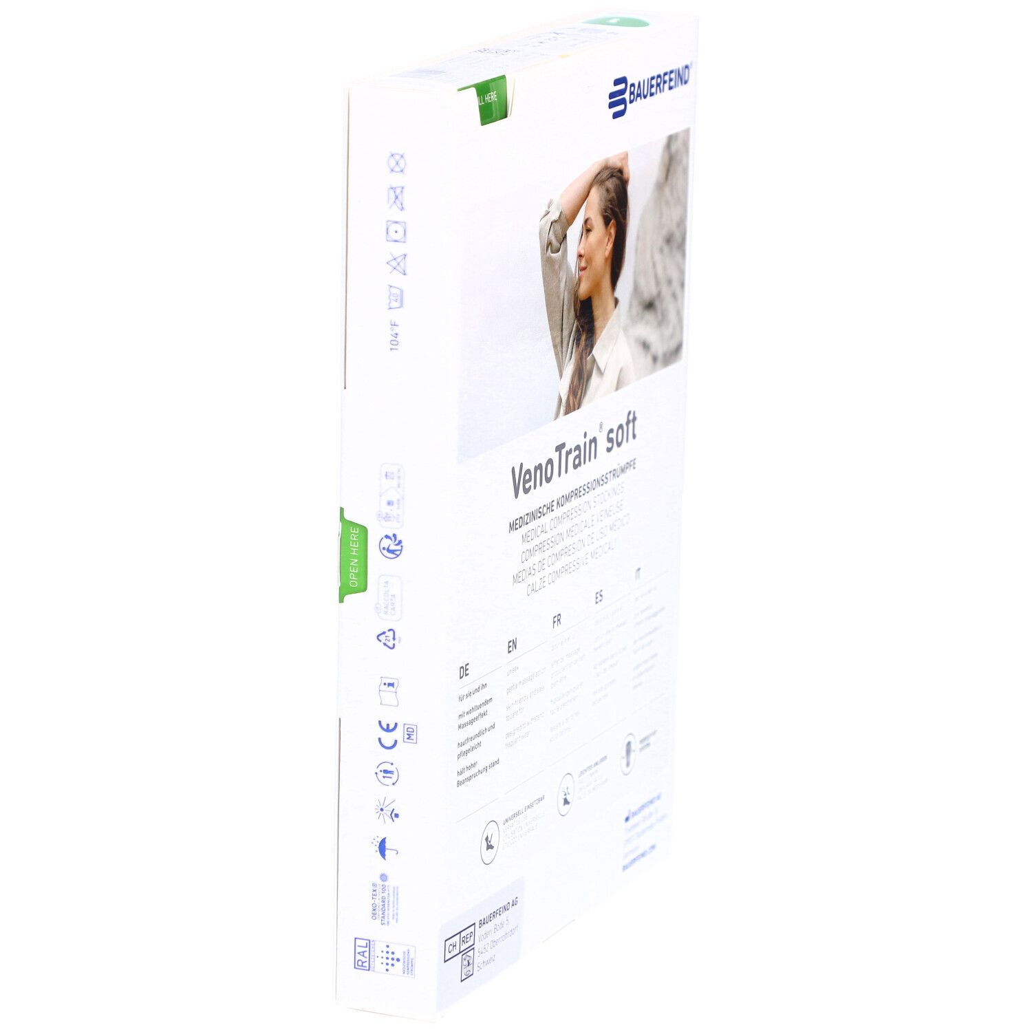 Verpackung mit Kompressionsstrümpfen. Marke: BAUERFEIND. VenoTrain soft. Medizinische Kompressionsstrümpfe. Text in mehreren Sprachen.