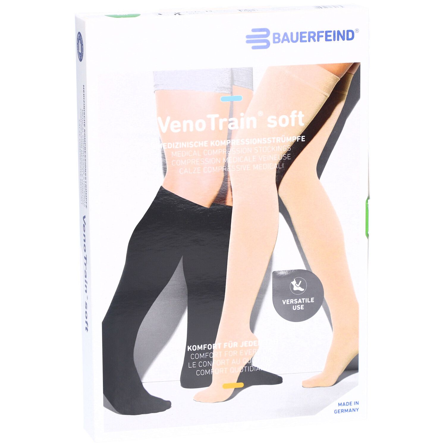 Verpackung mit Kompressionsstrümpfen. Marke: BAUERFEIND. VenoTrain soft. Zwei Farben: Schwarz und Beige. Offener Fuß.