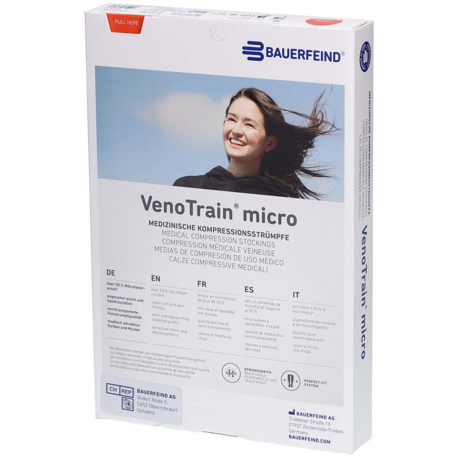 Rückseite der Verpackung mit Kompressionsstrümpfen. Marke BAUERFEIND, Modell VenoTrain micro. Informationen in mehreren Sprachen.