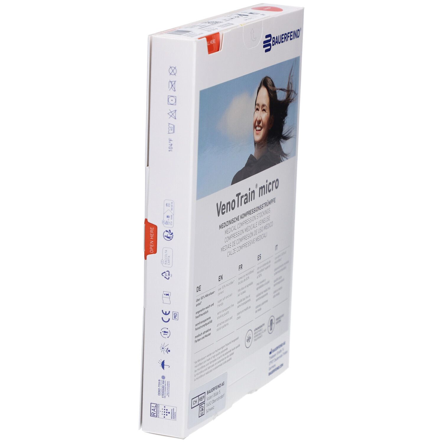 Seitenansicht der Verpackung mit Kompressionsstrümpfen. Marke BAUERFEIND, Modell VenoTrain micro. Informationen und Logos.