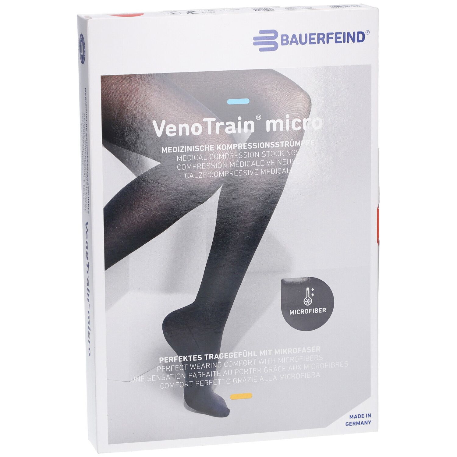 Verpackung mit Kompressionsstrümpfen. Marke BAUERFEIND, Modell VenoTrain micro. Schwarze Strümpfe abgebildet. Microfaser.