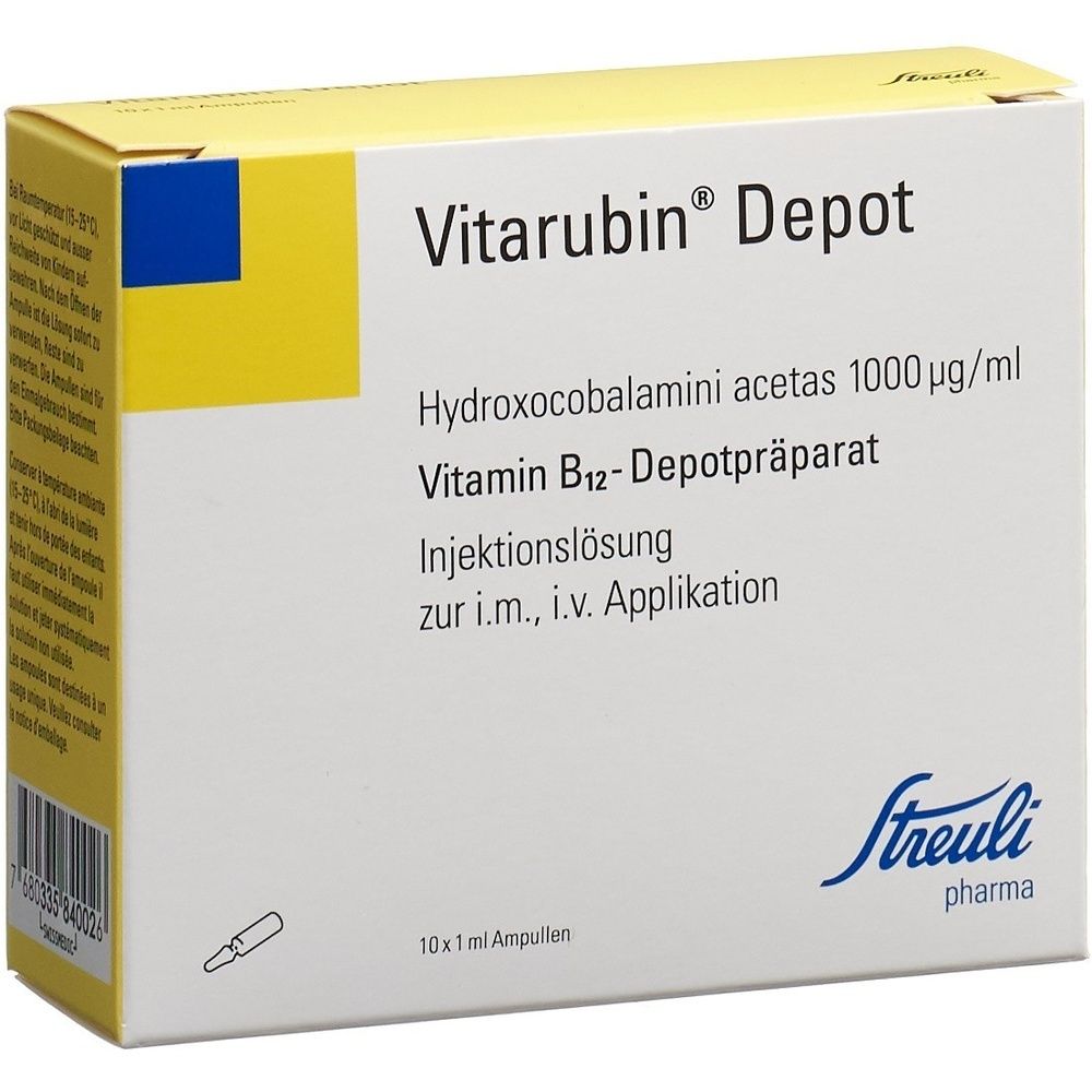 Karton mit VITARUBIN Depot Inj Lös. Gelb-weiße Verpackung mit Produktnamen und Herstellerlogo. Enthält Ampullen.