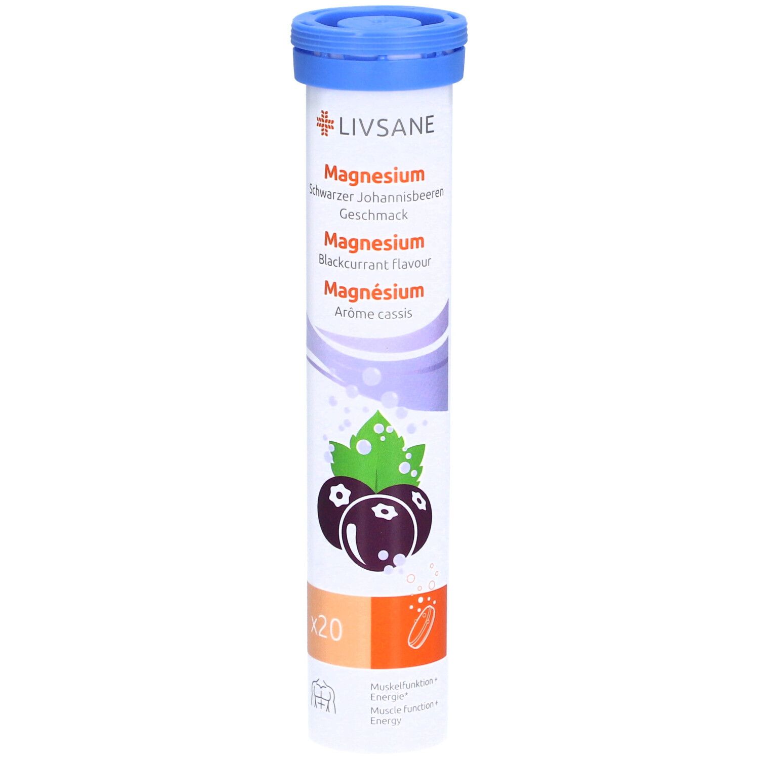 Zylinderförmige Verpackung mit LIVSANE Magnesium. Schwarze Johannisbeere Geschmack. Illustration von Johannisbeeren und Blättern.