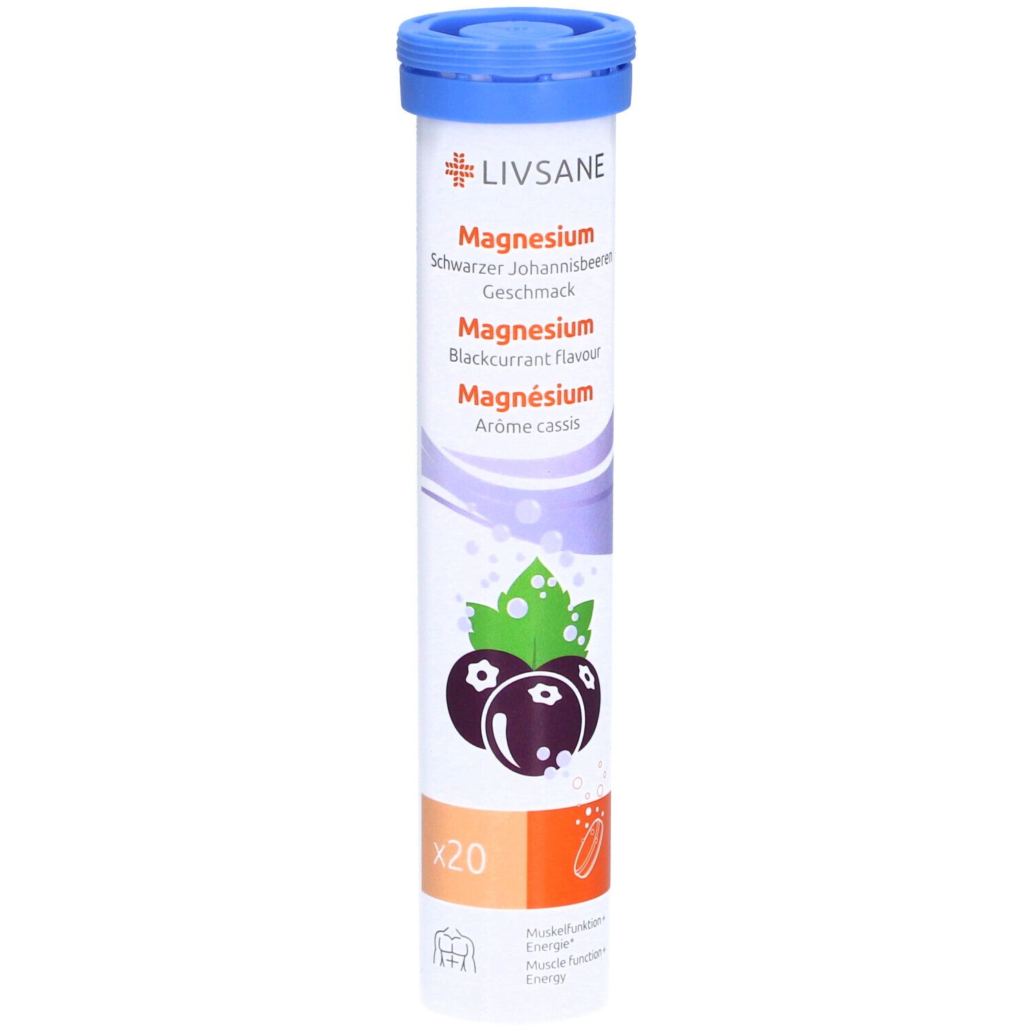 Zylinderförmige Verpackung mit LIVSANE Magnesium. Schwarze Johannisbeere Geschmack. Illustration von Johannisbeeren und Blättern.