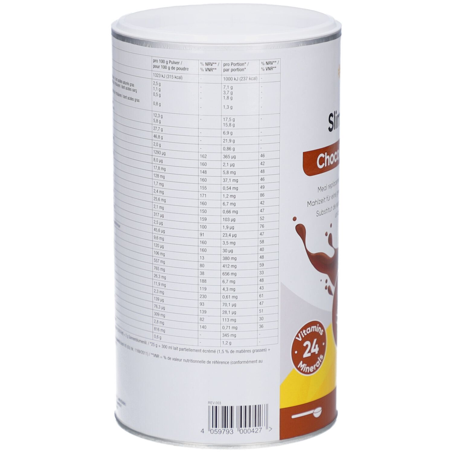 Dose mit Nährwertangaben. Auflistung von Nährwerten pro 100g und pro Portion. Enthält Vitamine und Mineralien. Text in Deutsch.